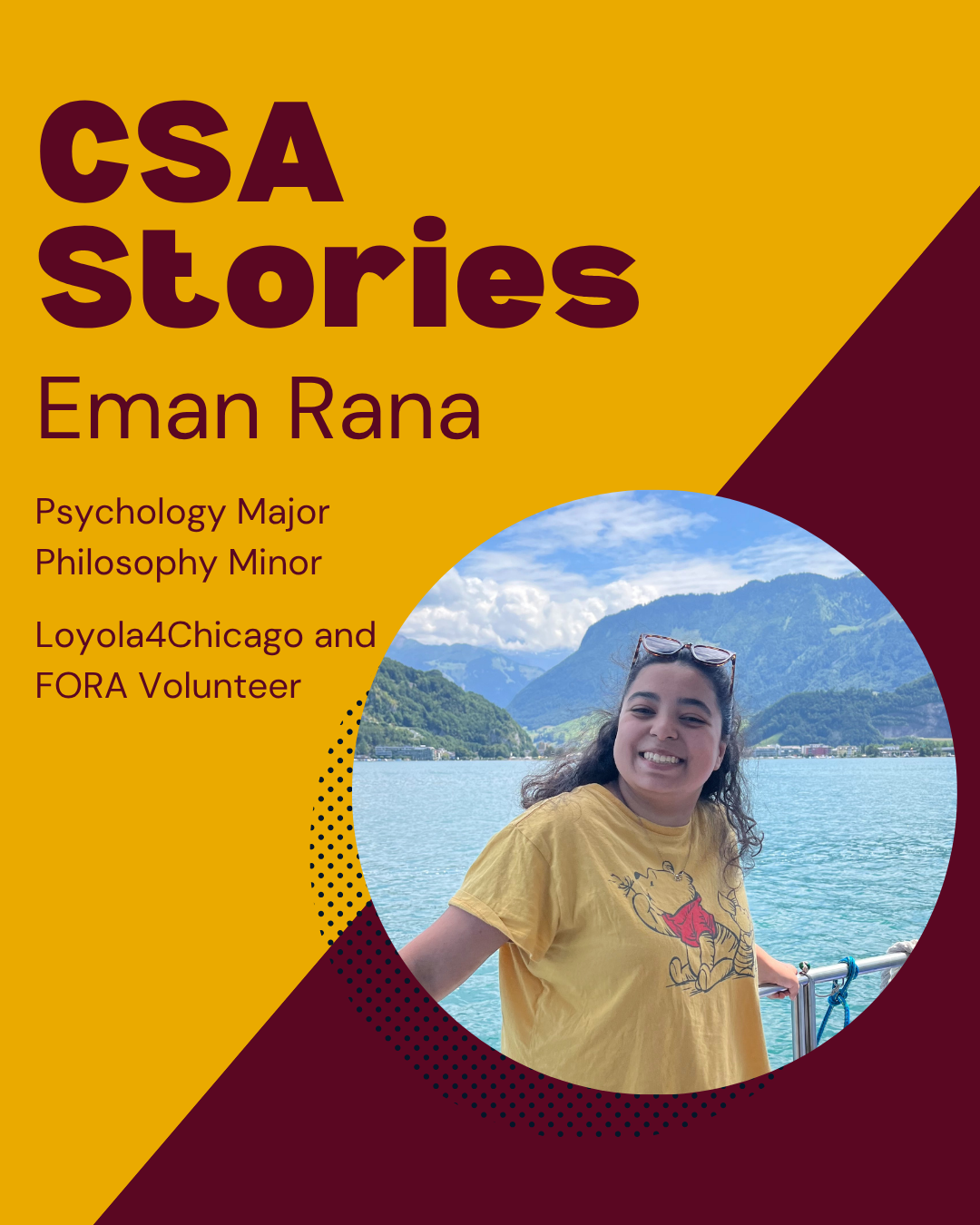 Loyola Student Eman Rana in front of a beautiful lake with mountains in the background